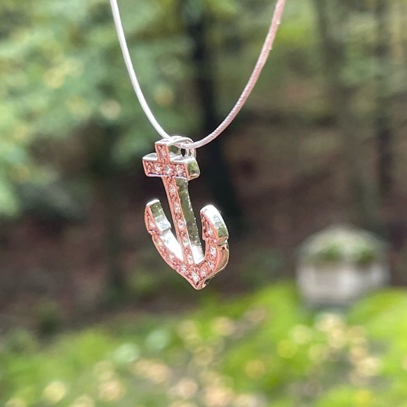 Sparkling Solid Sterling Silver and CZ Nautical Anchor Pendant - Picture 3 of 5